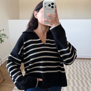 Madewell Cashmere and Wool Black and Cream Striped V-Neck Sweater